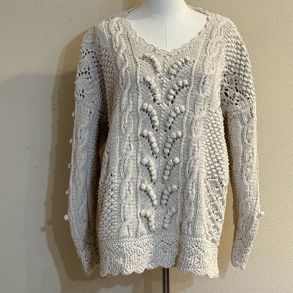 Express Tricot Vintage Hand Knit Silk Cotton Sweater L Cable Bobble Boho Cream